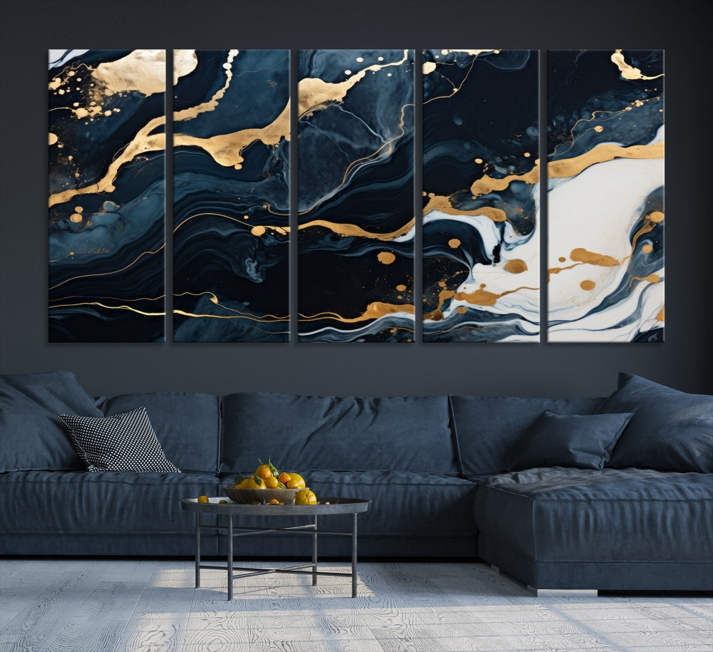 Vibrant Navy Blue Painting, Gold Abstract Wall Art, Large Canvas Print, Set of Panel Living Room Wall Decor