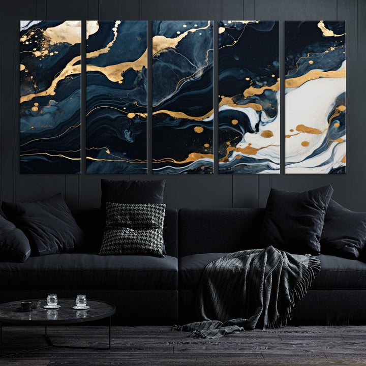 Vibrant Navy Blue Painting, Gold Abstract Wall Art, Large Canvas Print, Set of Panel Living Room Wall Decor