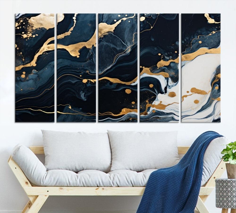 Vibrant Navy Blue Painting, Gold Abstract Wall Art, Large Canvas Print, Set of Panel Living Room Wall Decor