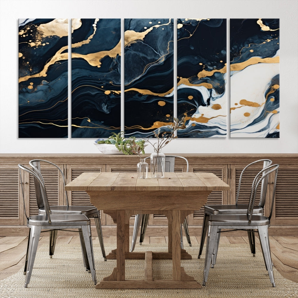 Vibrant Navy Blue Painting, Gold Abstract Wall Art, Large Canvas Print, Set of Panel Living Room Wall Decor