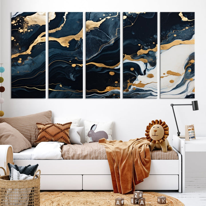 Vibrant Navy Blue Painting, Gold Abstract Wall Art, Large Canvas Print, Set of Panel Living Room Wall Decor