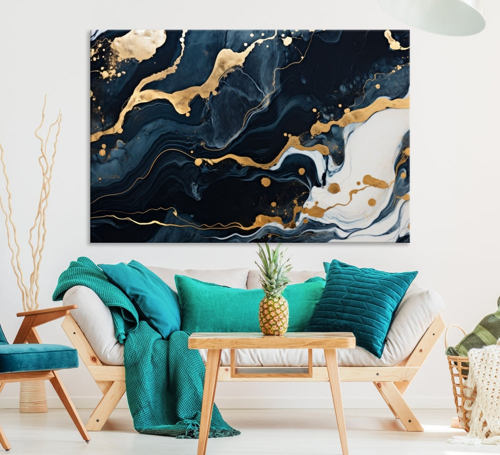 Vibrant Navy Blue Painting, Gold Abstract Wall Art, Large Canvas Print, Set of Panel Living Room Wall Decor