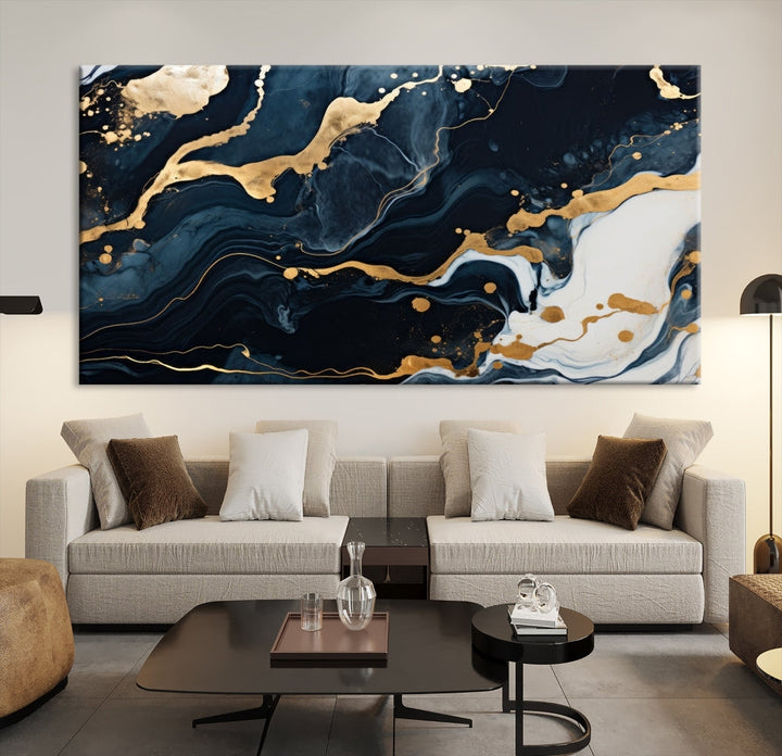 Vibrant Navy Blue Painting, Gold Abstract Wall Art, Large Canvas Print, Set of Panel Living Room Wall Decor