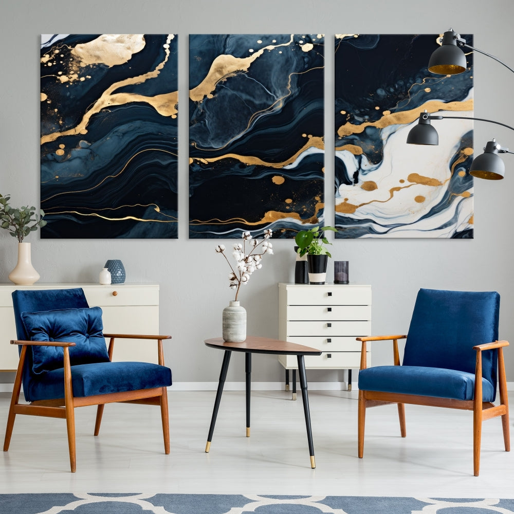 Vibrant Navy Blue Painting, Gold Abstract Wall Art, Large Canvas Print, Set of Panel Living Room Wall Decor