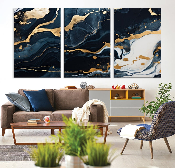 Vibrant Navy Blue Painting, Gold Abstract Wall Art, Large Canvas Print, Set of Panel Living Room Wall Decor