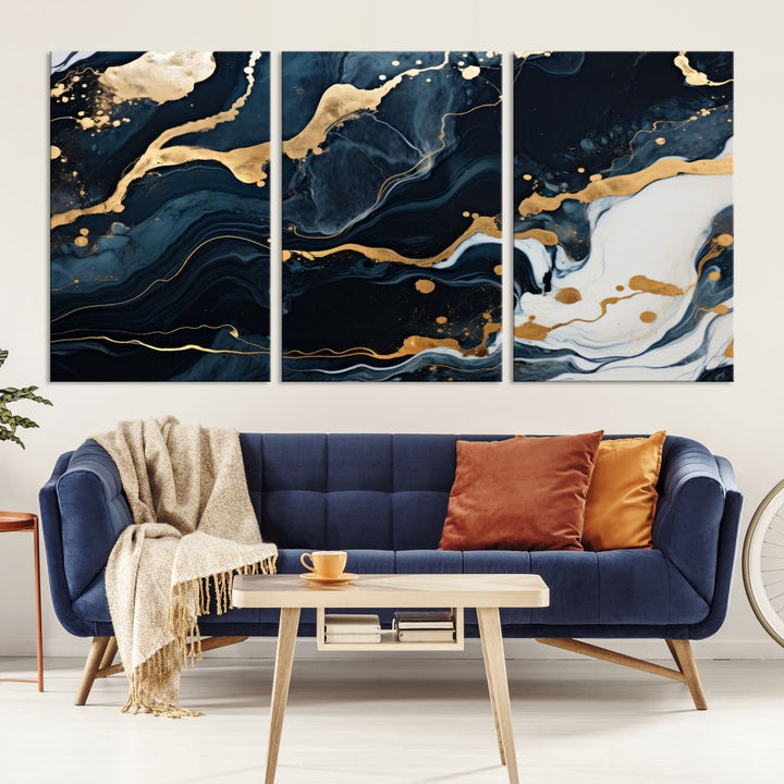 Vibrant Navy Blue Painting, Gold Abstract Wall Art, Large Canvas Print, Set of Panel Living Room Wall Decor