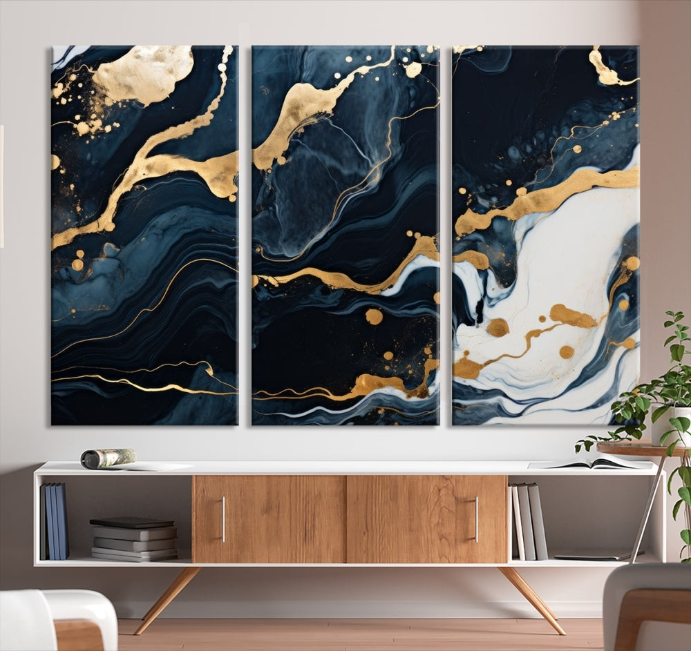 Vibrant Navy Blue Painting, Gold Abstract Wall Art, Large Canvas Print, Set of Panel Living Room Wall Decor