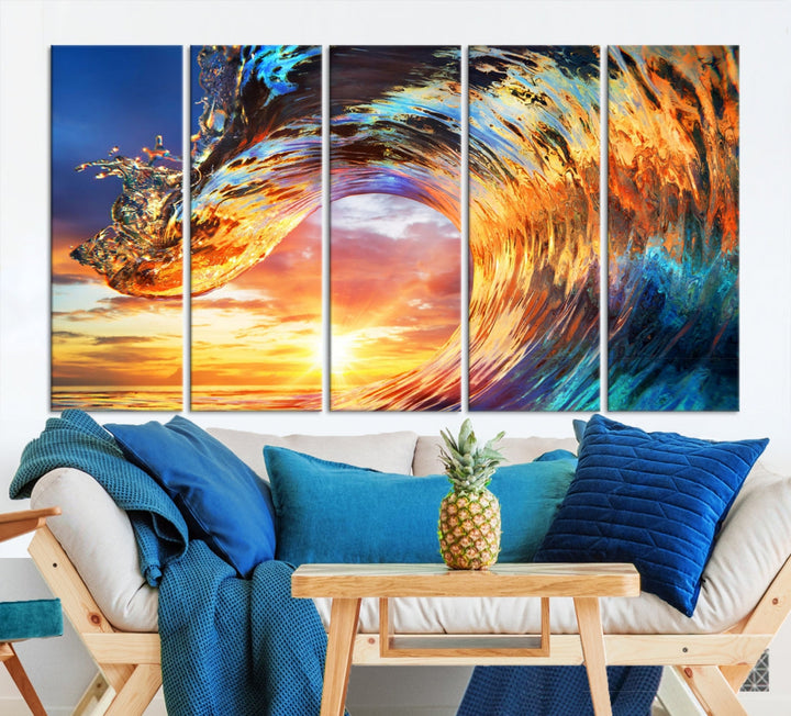 Large Canvas Wall Art Print of a Surface Wave Sunset Ocean