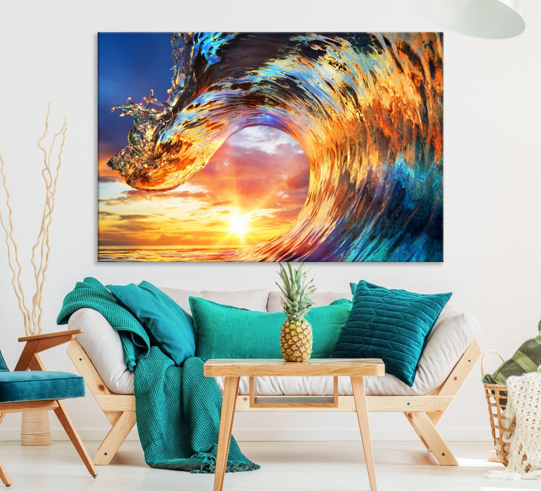 Large Canvas Wall Art Print of a Surface Wave Sunset Ocean