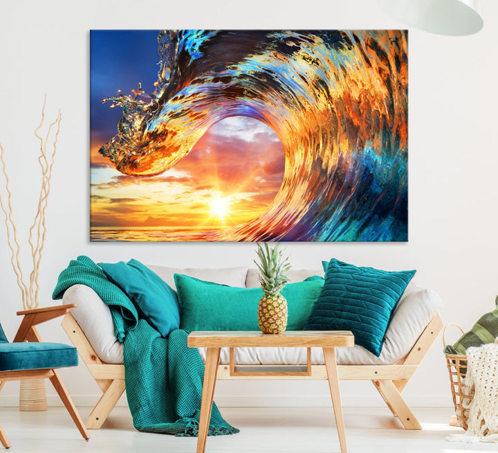 Large Canvas Wall Art Print of a Surface Wave Sunset Ocean