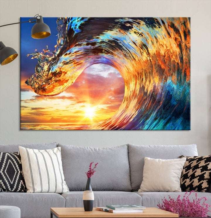 Large Canvas Wall Art Print of a Surface Wave Sunset Ocean