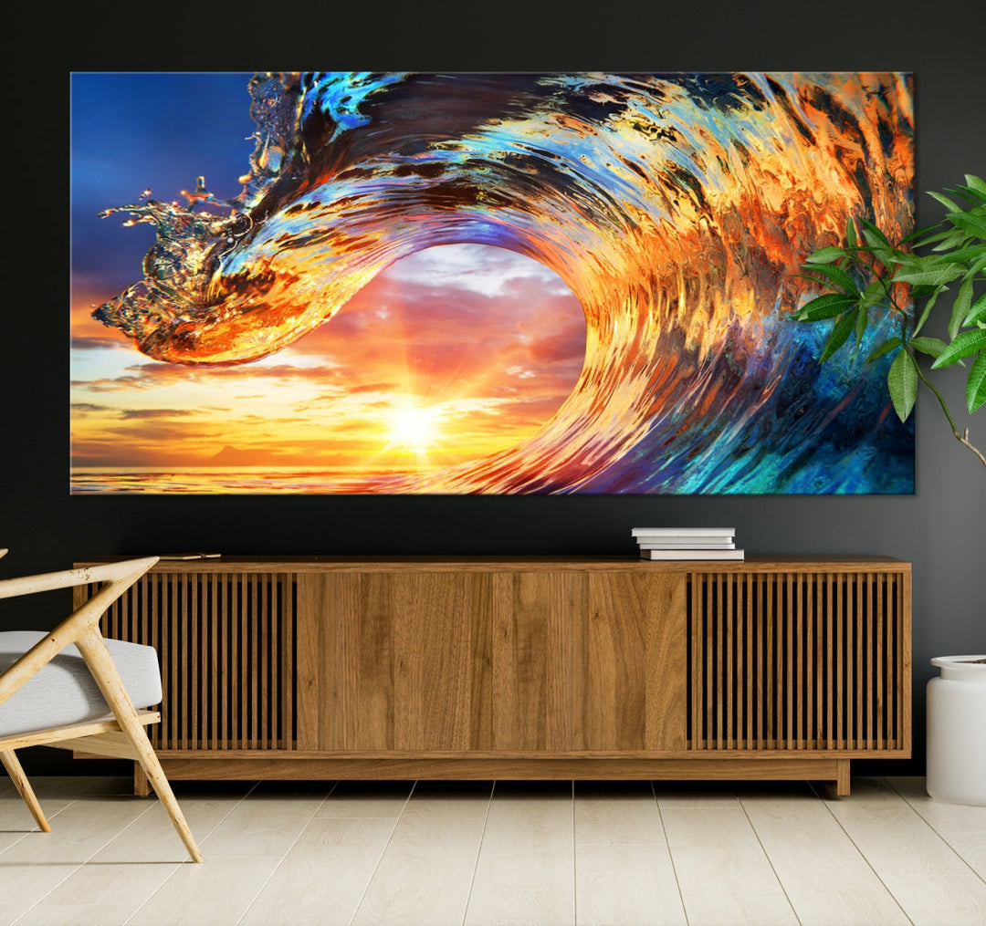 Large Canvas Wall Art Print of a Surface Wave Sunset Ocean