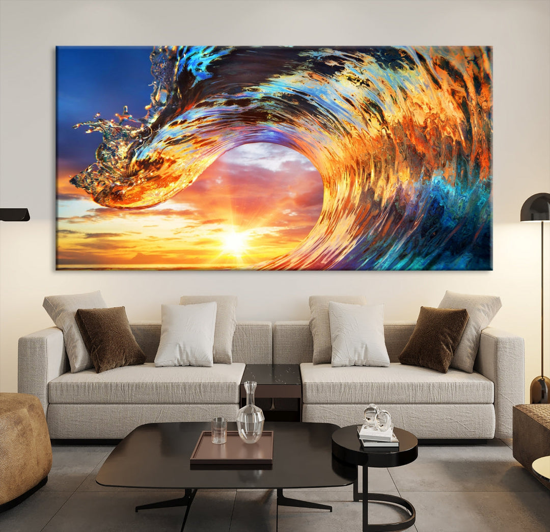 Large Canvas Wall Art Print of a Surface Wave Sunset Ocean