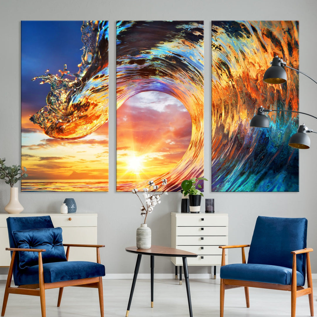 Large Canvas Wall Art Print of a Surface Wave Sunset Ocean