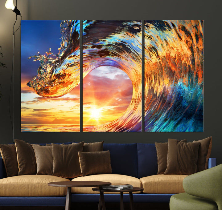 Large Canvas Wall Art Print of a Surface Wave Sunset Ocean