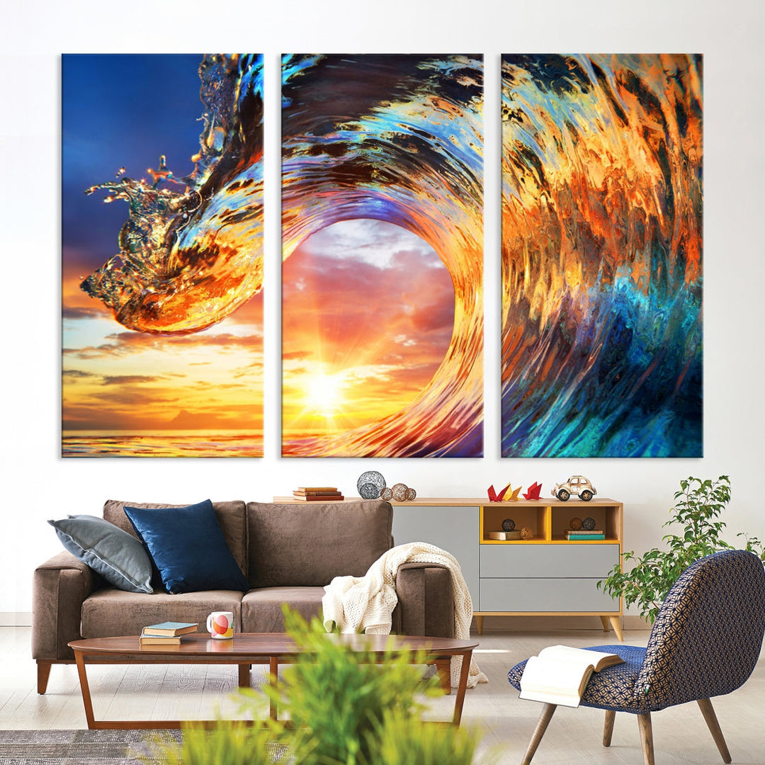 Large Canvas Wall Art Print of a Surface Wave Sunset Ocean