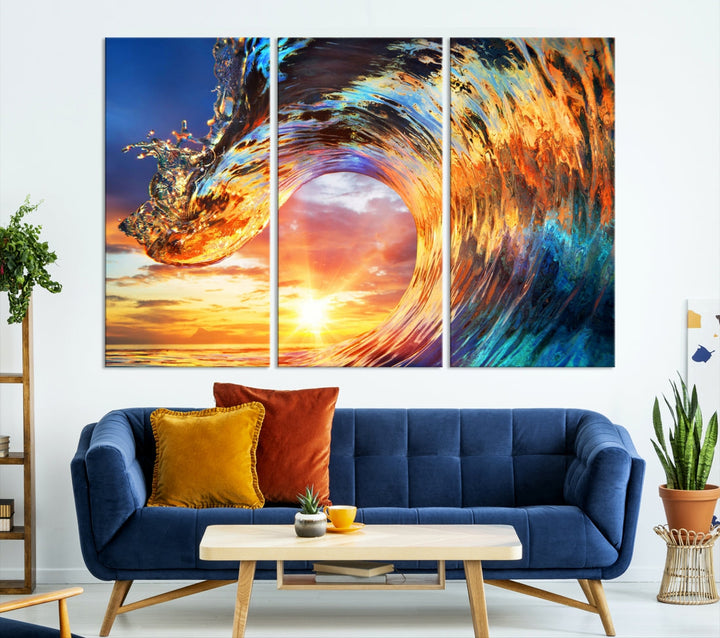 Large Canvas Wall Art Print of a Surface Wave Sunset Ocean