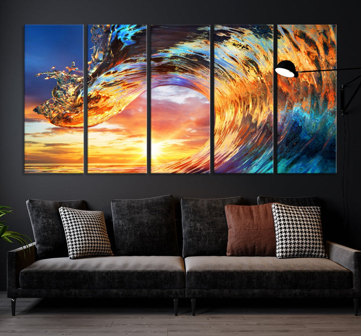 Large Canvas Wall Art Print of a Surface Wave Sunset Ocean