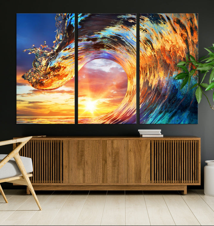 Large Canvas Wall Art Print of a Surface Wave Sunset Ocean