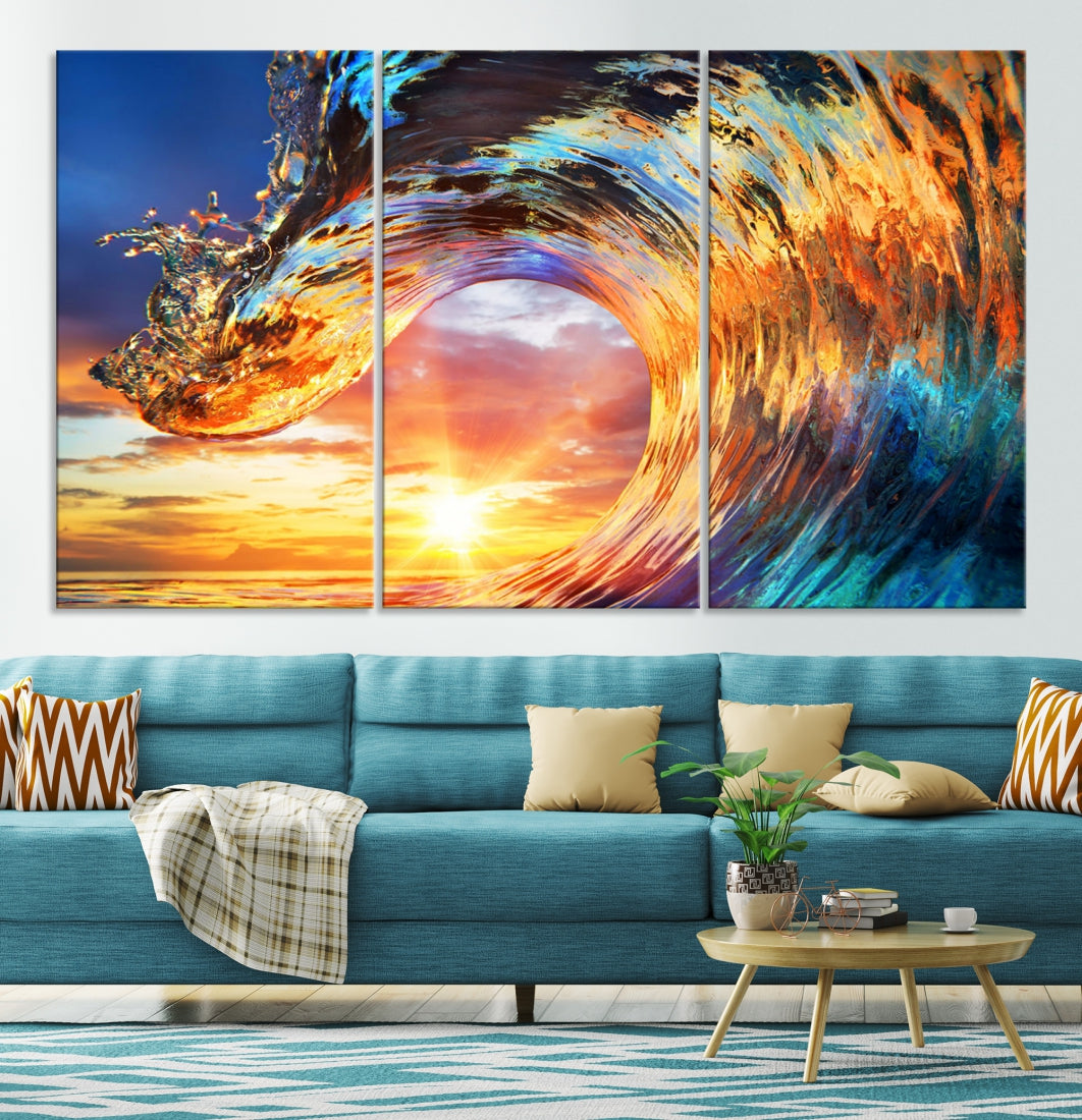 Large Canvas Wall Art Print of a Surface Wave Sunset Ocean