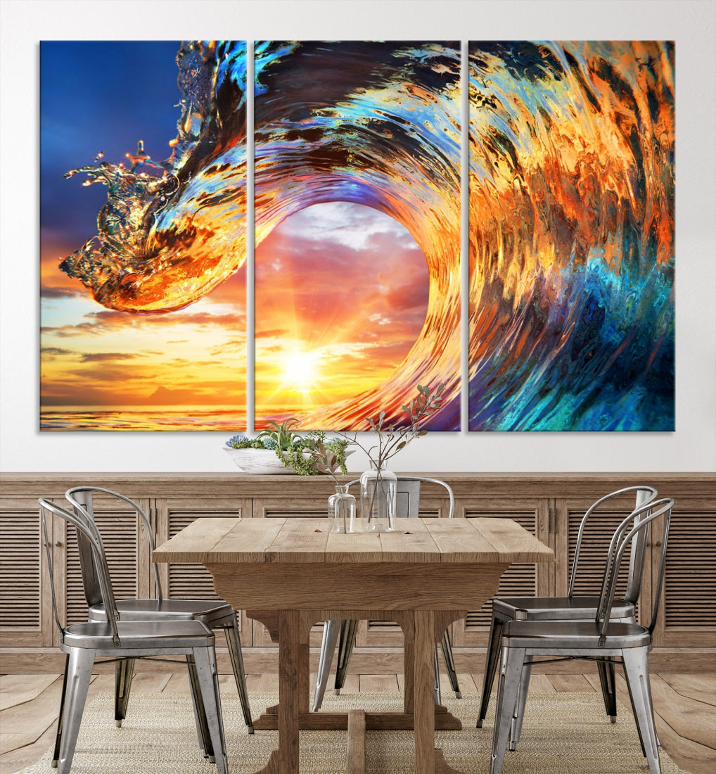 Large Canvas Wall Art Print of a Surface Wave Sunset Ocean