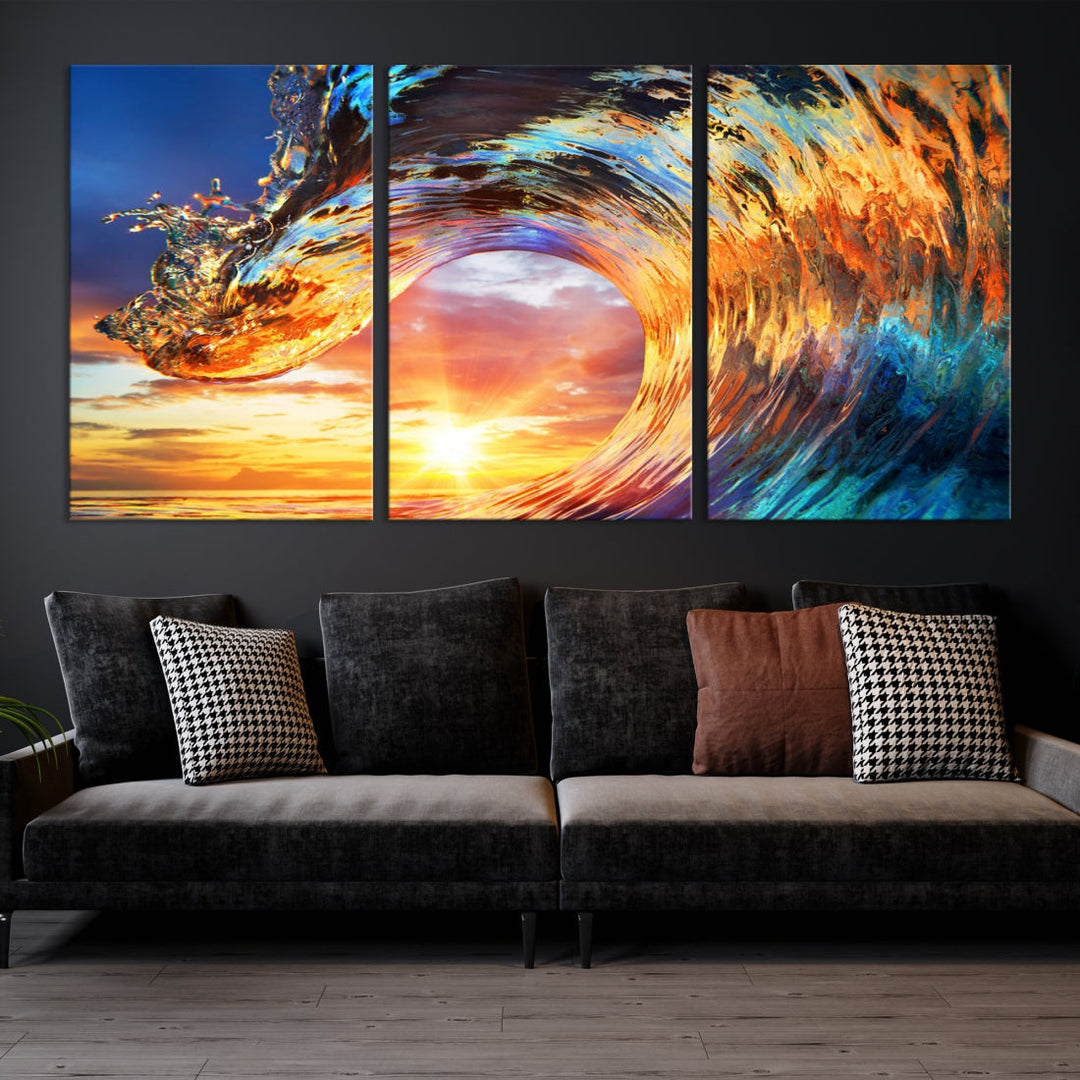 Large Canvas Wall Art Print of a Surface Wave Sunset Ocean