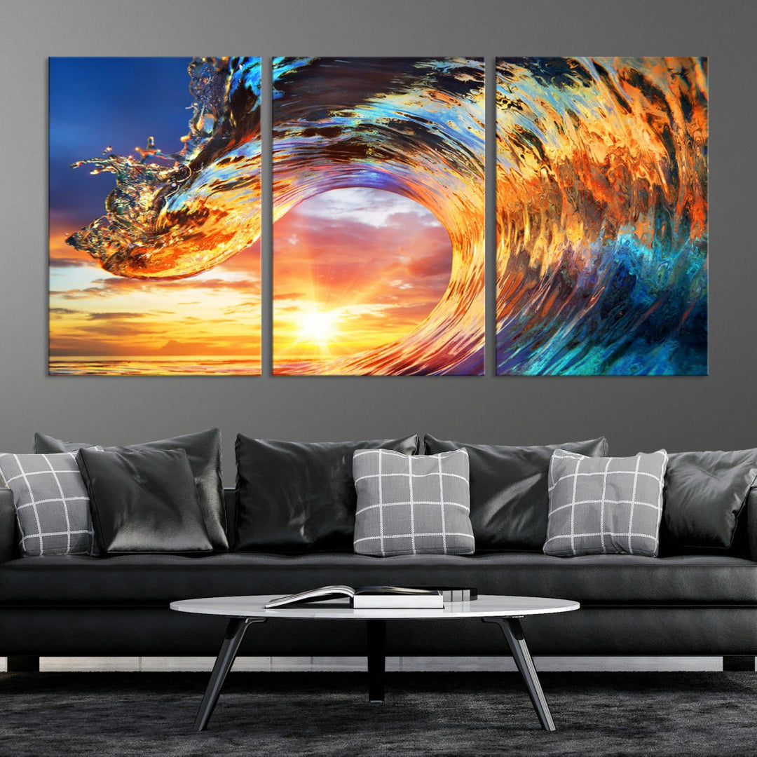 Large Canvas Wall Art Print of a Surface Wave Sunset Ocean