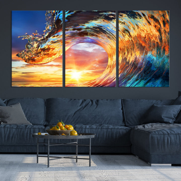 Large Canvas Wall Art Print of a Surface Wave Sunset Ocean