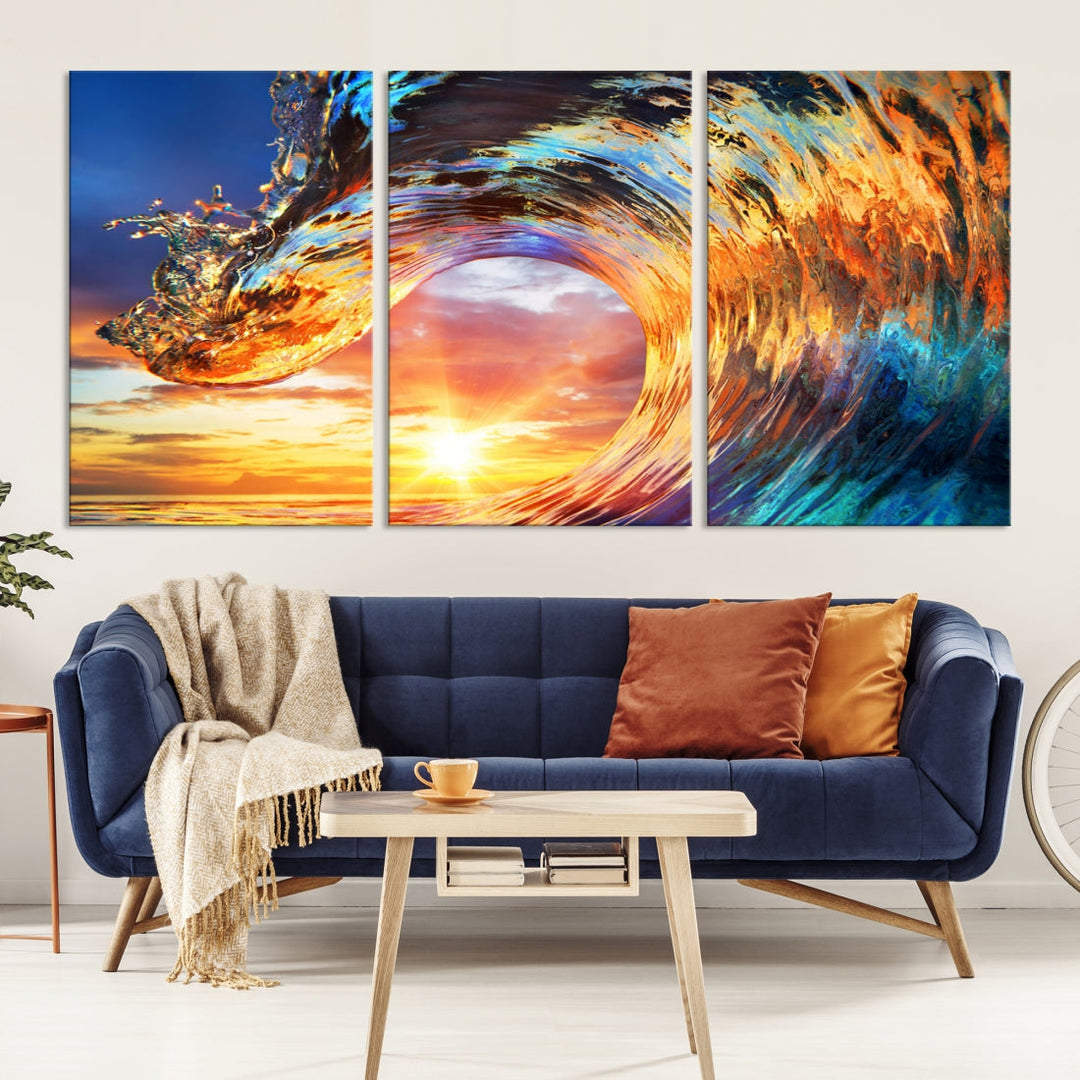 Large Canvas Wall Art Print of a Surface Wave Sunset Ocean