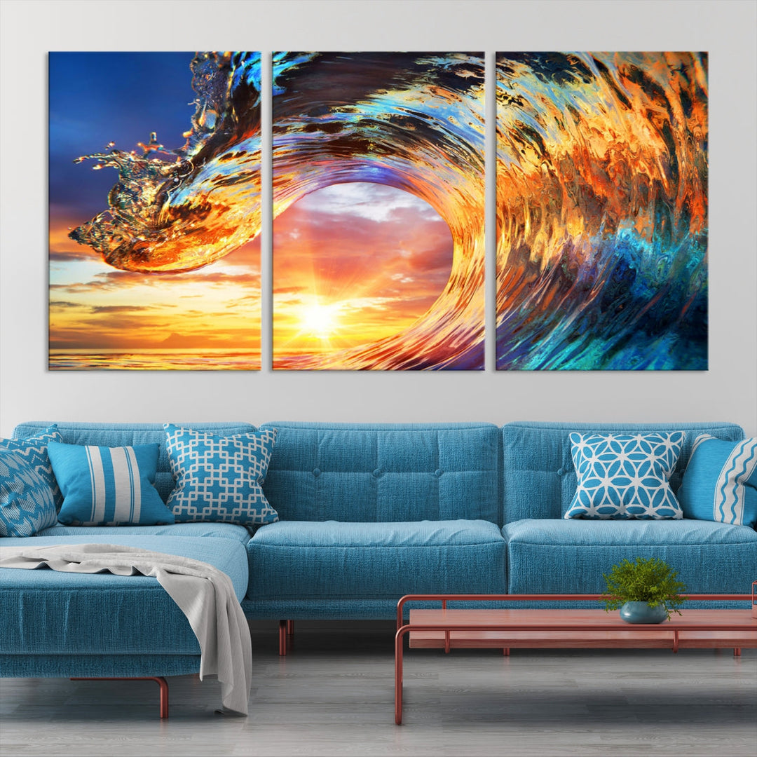 Large Canvas Wall Art Print of a Surface Wave Sunset Ocean