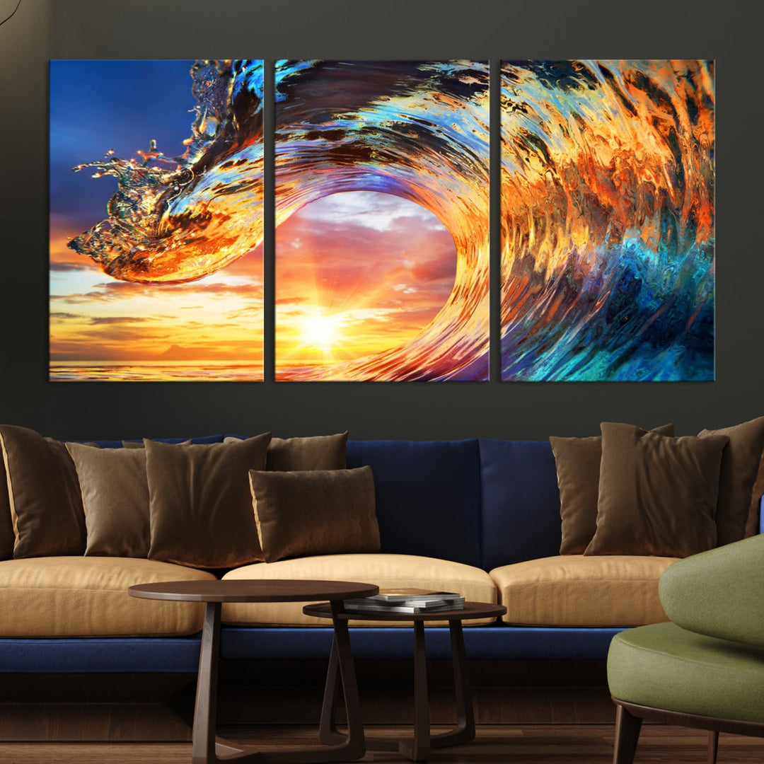 Large Canvas Wall Art Print of a Surface Wave Sunset Ocean