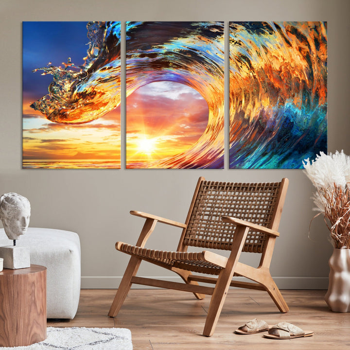 Large Canvas Wall Art Print of a Surface Wave Sunset Ocean