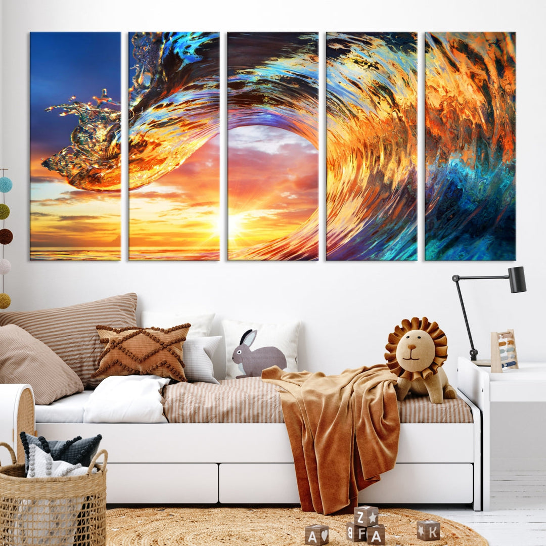 Large Canvas Wall Art Print of a Surface Wave Sunset Ocean