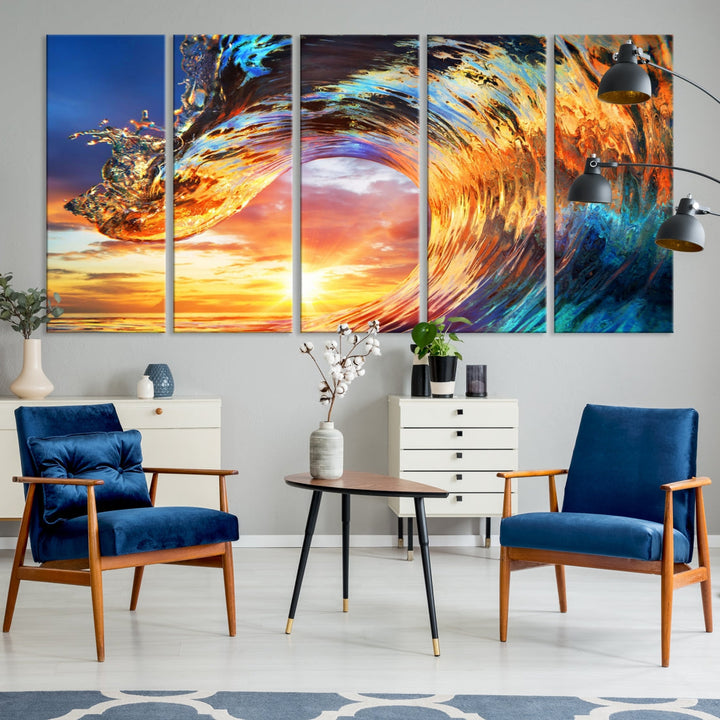 Large Canvas Wall Art Print of a Surface Wave Sunset Ocean