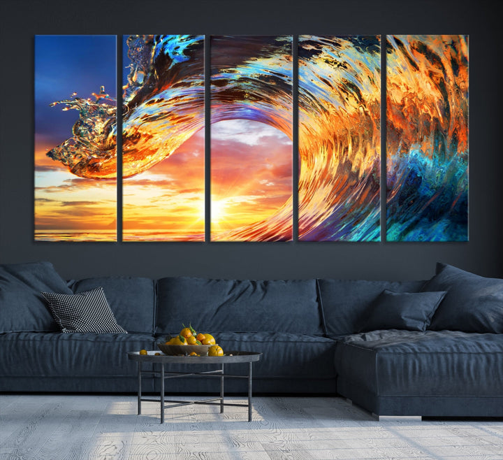 Large Canvas Wall Art Print of a Surface Wave Sunset Ocean