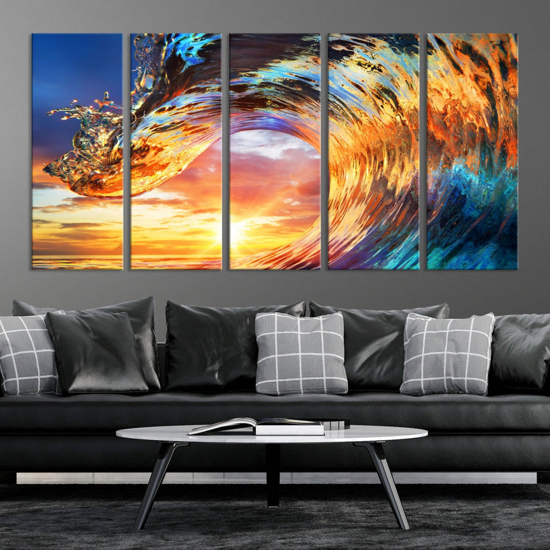 Large Canvas Wall Art Print of a Surface Wave Sunset Ocean