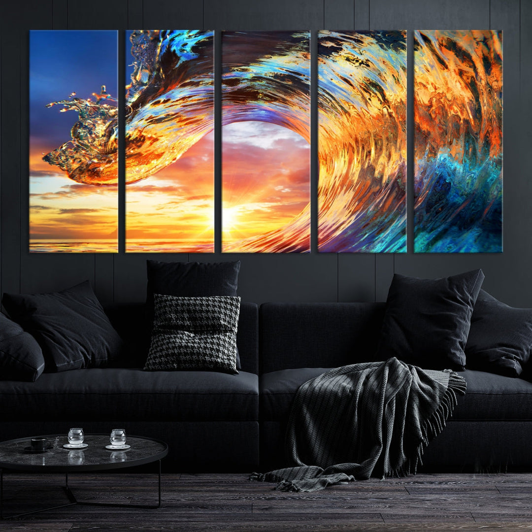 Large Canvas Wall Art Print of a Surface Wave Sunset Ocean