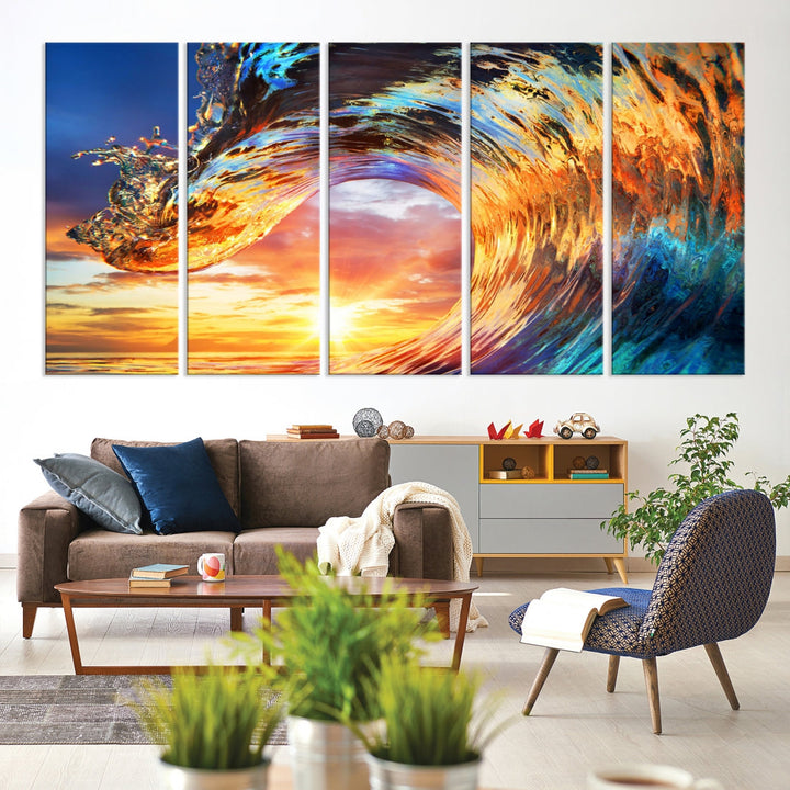 Large Canvas Wall Art Print of a Surface Wave Sunset Ocean