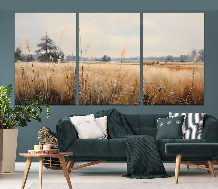 Vintage Countryside Field of Wheat and Flowers Canvas Wall Art Print Framed