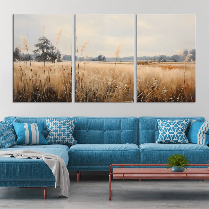 Vintage Countryside Field of Wheat and Flowers Canvas Wall Art Print Framed