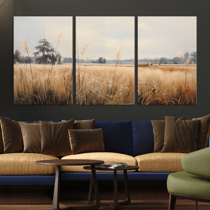 Vintage Countryside Field of Wheat and Flowers Canvas Wall Art Print Framed