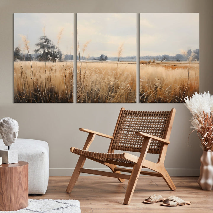 Vintage Countryside Field of Wheat and Flowers Canvas Wall Art Print Framed