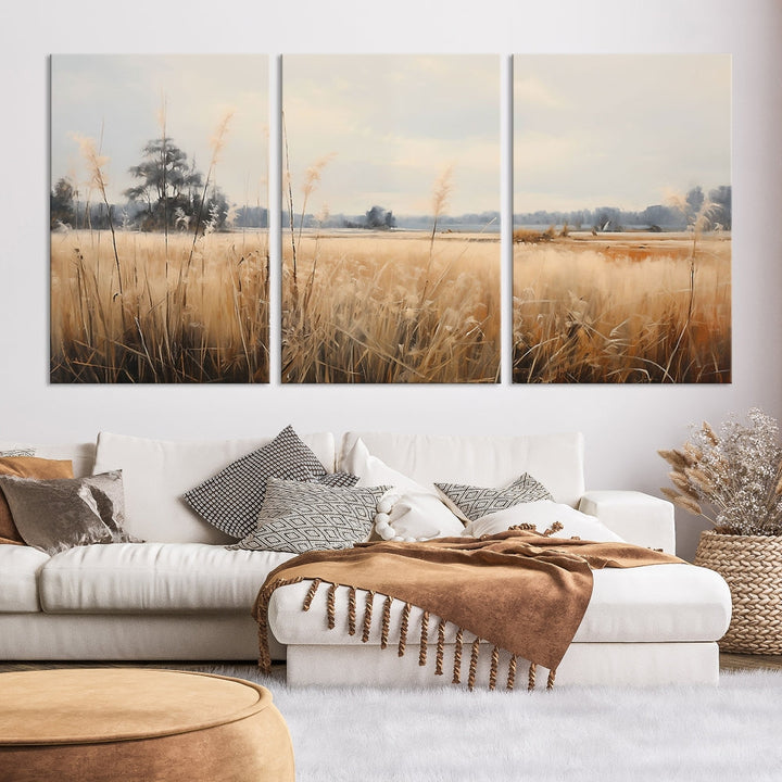 Vintage Countryside Field of Wheat and Flowers Canvas Wall Art Print Framed