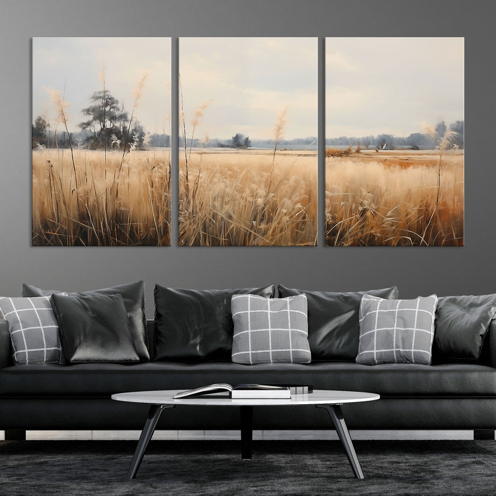 Vintage Countryside Field of Wheat and Flowers Canvas Wall Art Print Framed