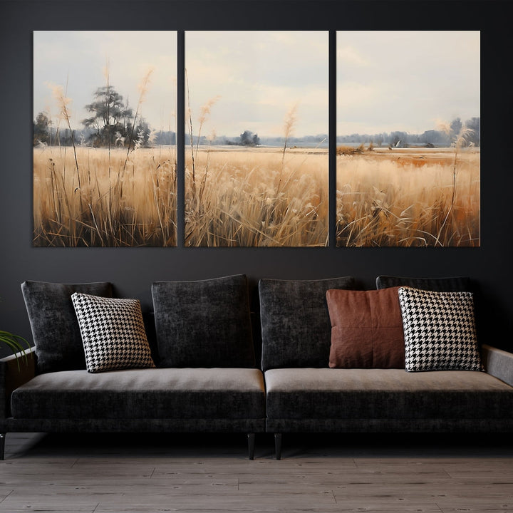 Vintage Countryside Field of Wheat and Flowers Canvas Wall Art Print Framed