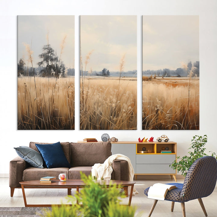 Vintage Countryside Field of Wheat and Flowers Canvas Wall Art Print Framed