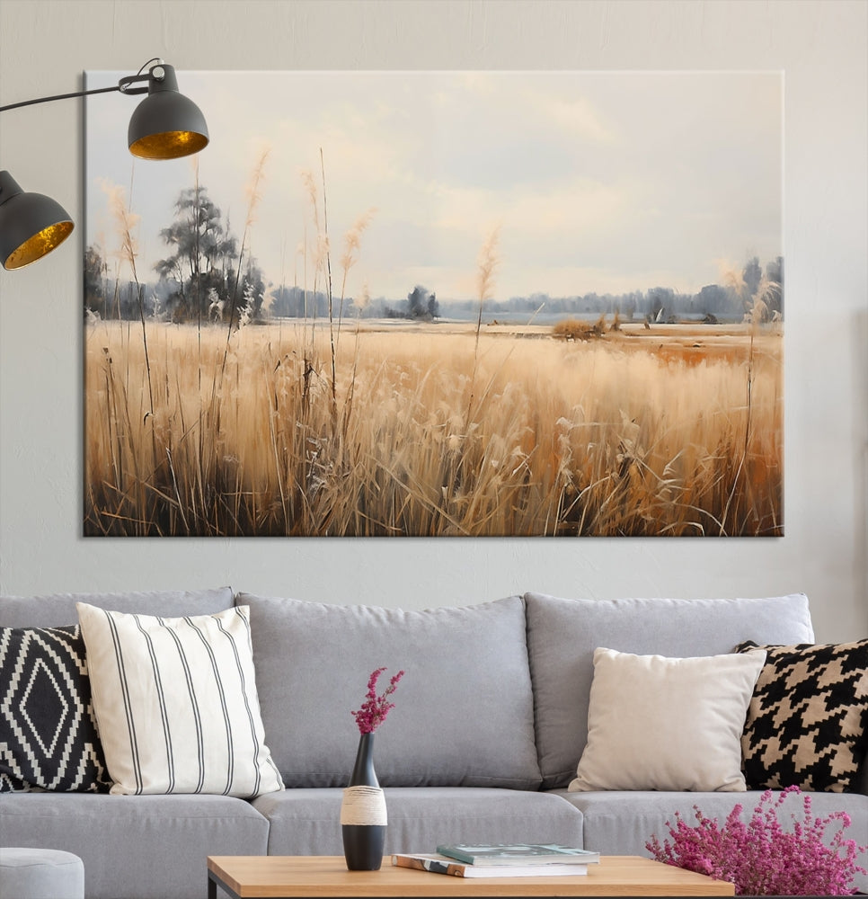 Vintage Countryside Field of Wheat and Flowers Canvas Wall Art Print Framed