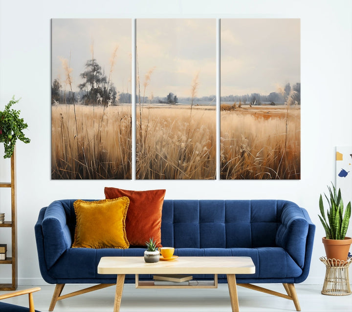 Vintage Countryside Field of Wheat and Flowers Canvas Wall Art Print Framed