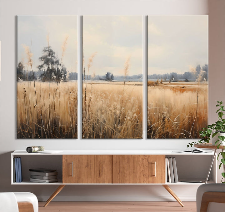 Vintage Countryside Field of Wheat and Flowers Canvas Wall Art Print Framed