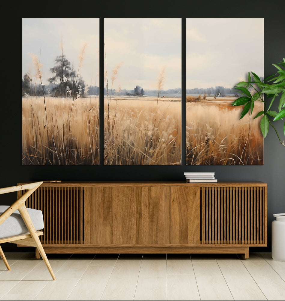 Vintage Countryside Field of Wheat and Flowers Canvas Wall Art Print Framed